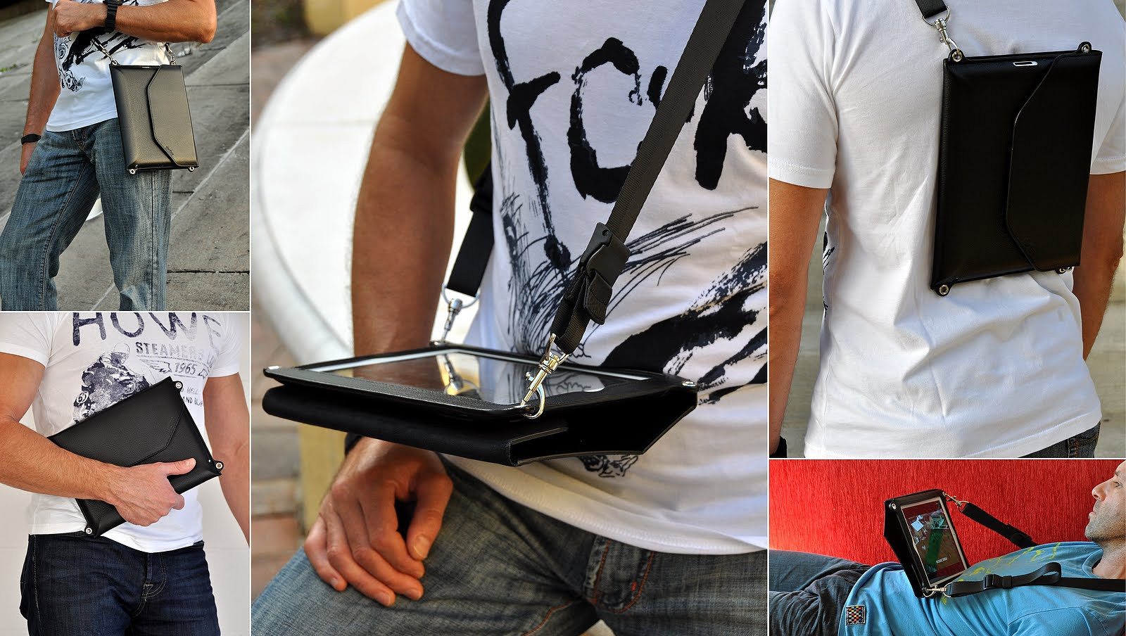 Across the hands-free iPad case in action: as a cross-body bag, portfolio,mobile desk, backpack