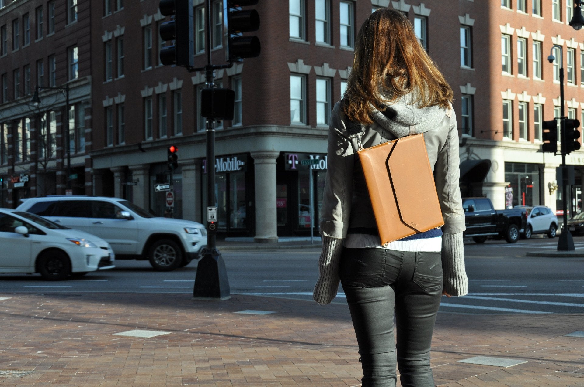 Leather iPad carrying case with shoulder strap, hands-free
